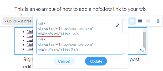add nofollow attribute in wix HTML code
