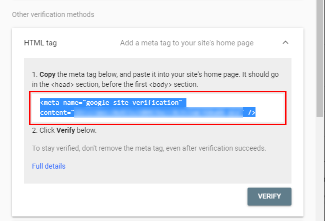 HTML meta tag verification Google Search Console