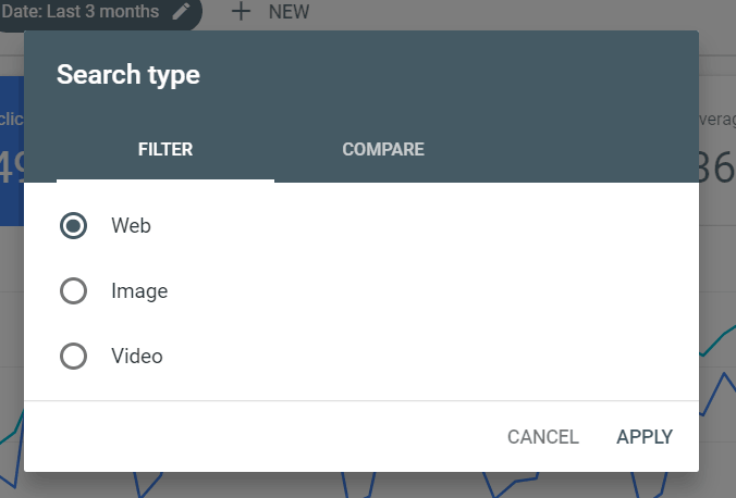 Search type filter in Google Search Console