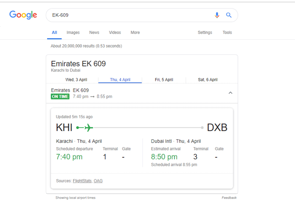 Flight status in Google onebox result 