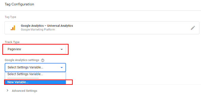 Select track type as Pageview and in Google Analytics Settings select a new variable