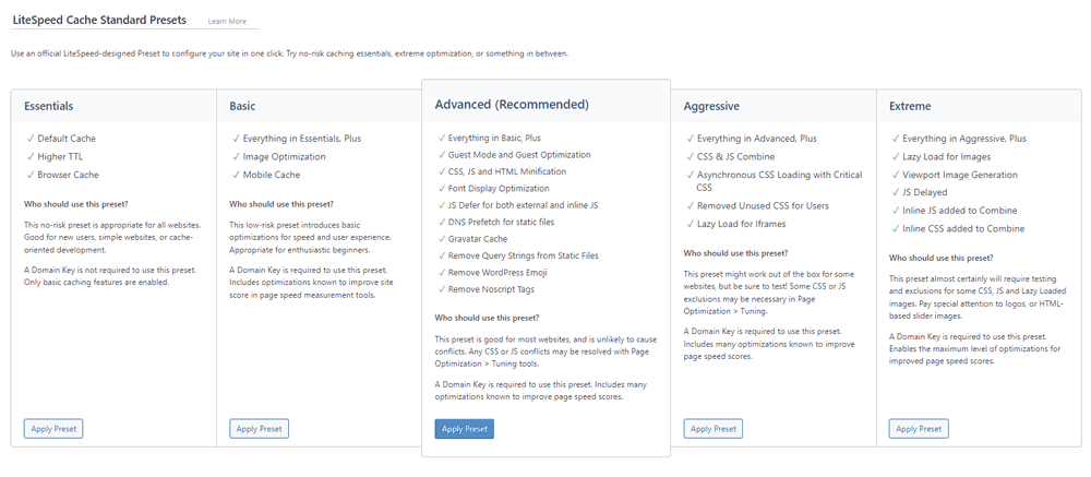 LiteSpeed Cache Standard Presets LiteSpeed Cache Standard Presets