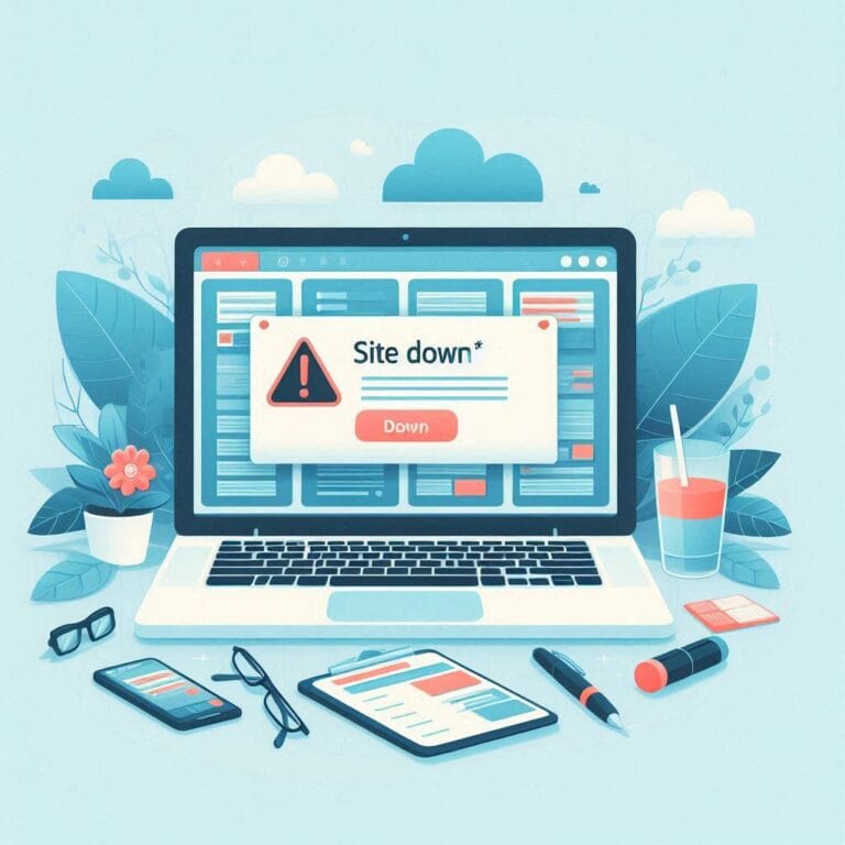 Professional illustration of a WordPress dashboard showing a Site Down error alert modern style Professional illustration of a WordPress dashboard showing a Site Down error alert modern style